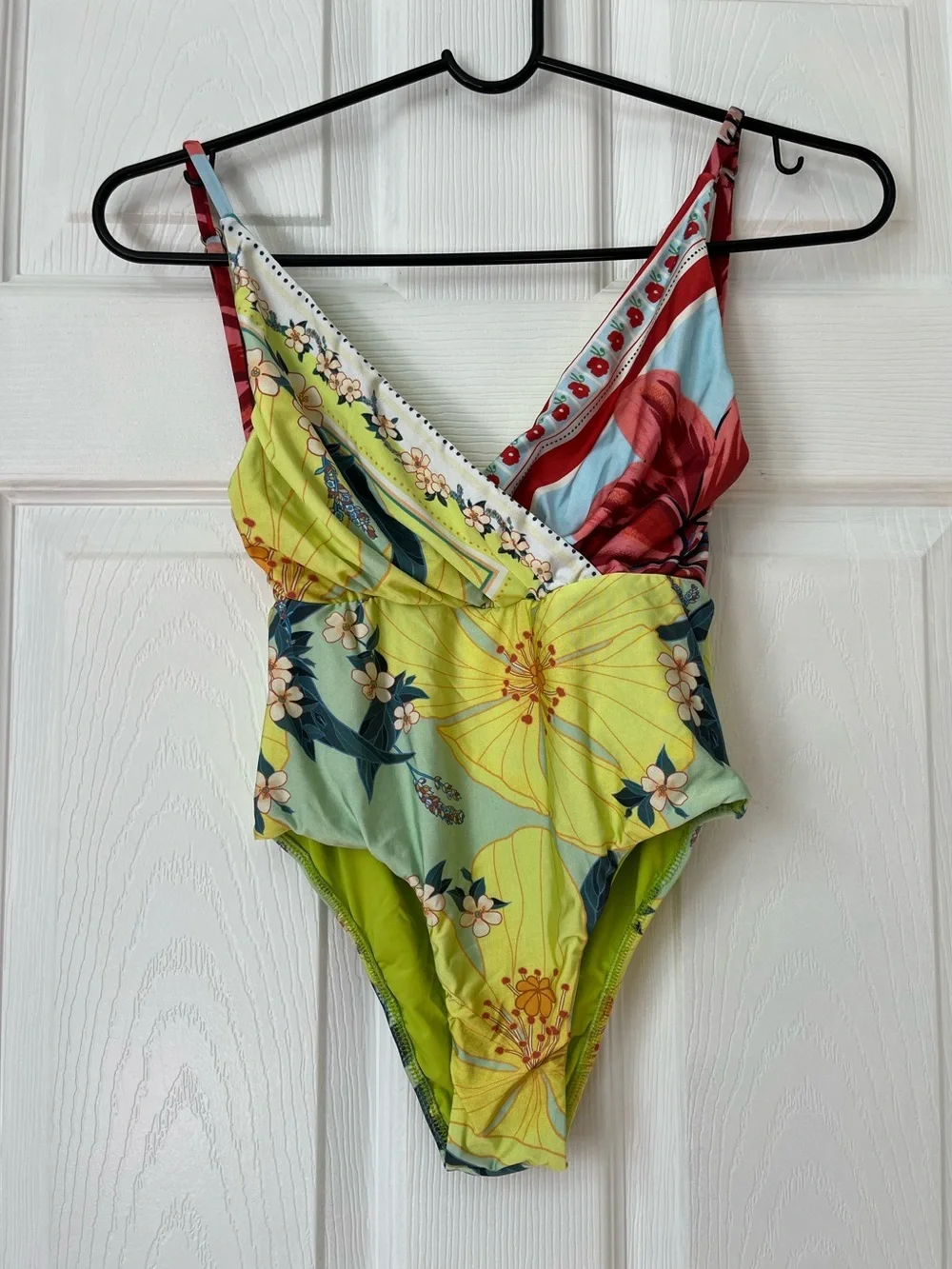 Farm Rio Yellow Floral Wrap V-Neck One Piece Swimsuit XS